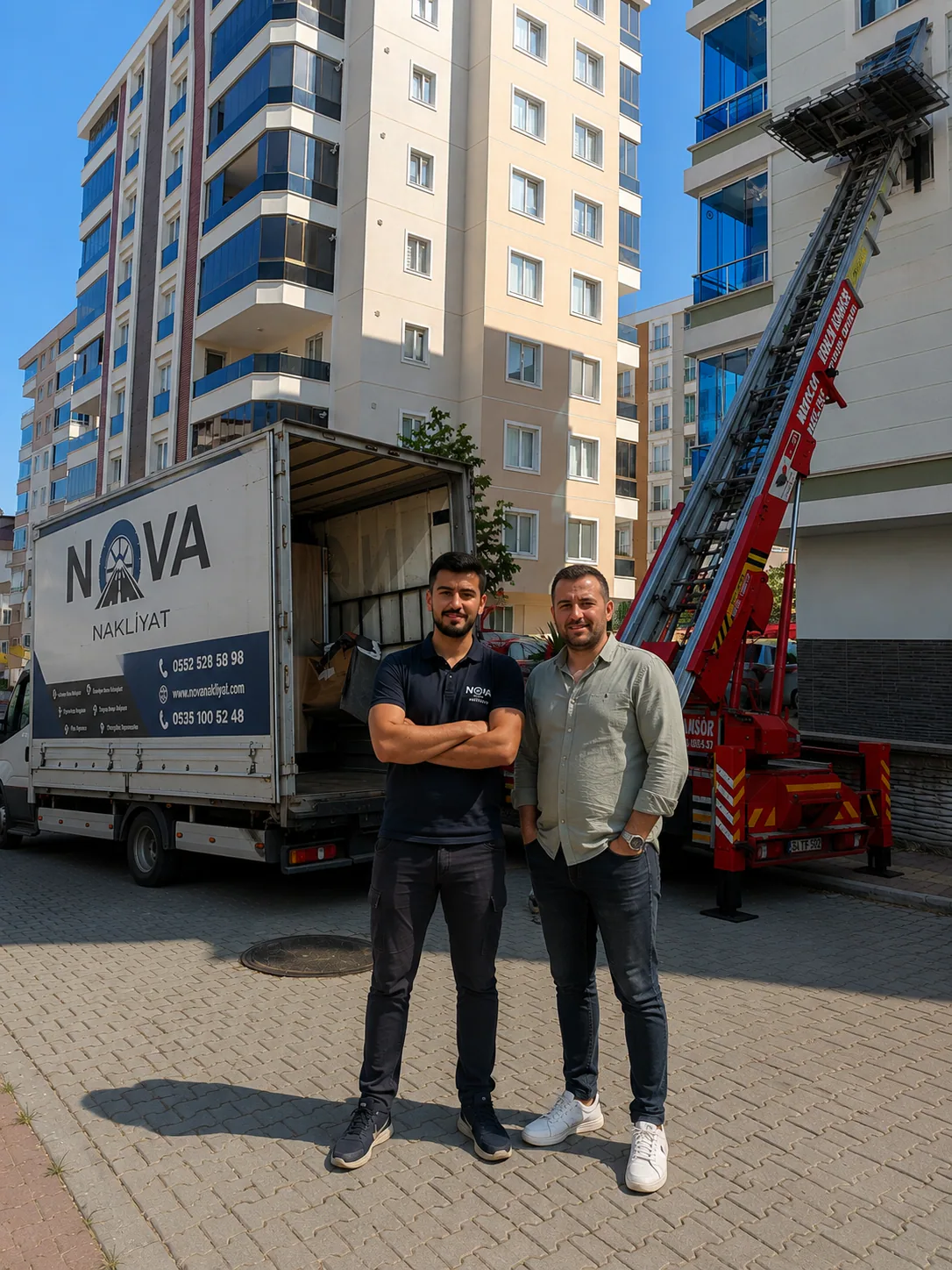Nova Nakliyat ekibi, logolu kamyon ve dış cephe taşıma asansörüyle tamamlanan ev taşıma operasyonunda müşterisiyle
