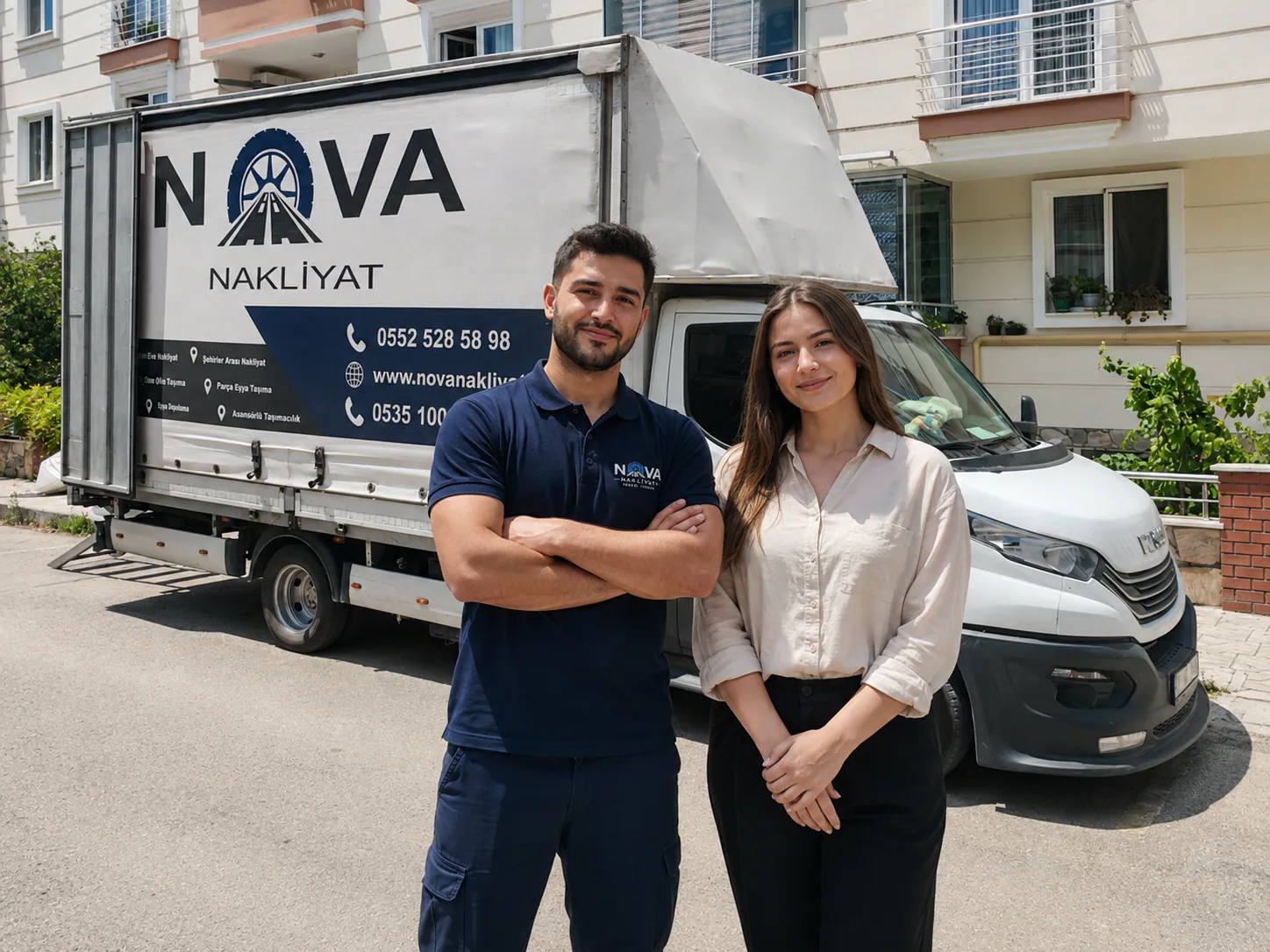 Nova Nakliyat çalışanı ve kadın müşteri, tamamlanan taşıma operasyonunun ardından logolu kamyonun önünde