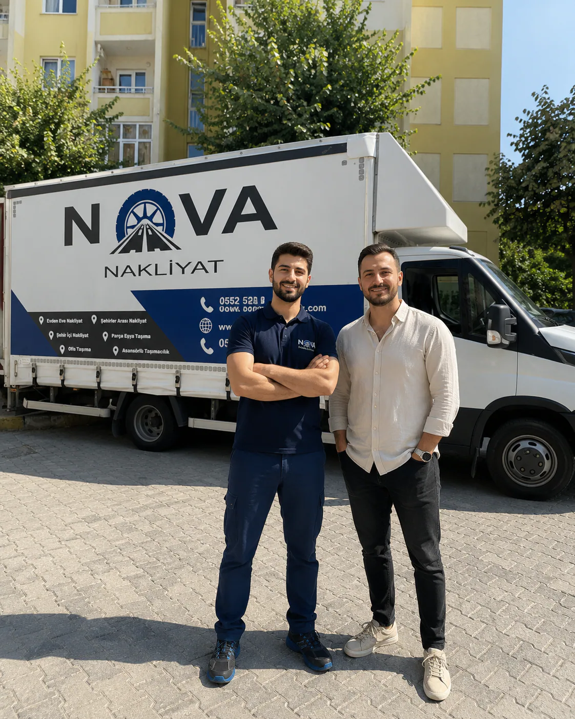 Nova Nakliyat çalışanı ve müşteri, profesyonel taşıma hizmetinde kullanılan logolu kamyonun önünde